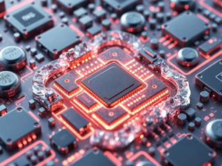 Fototapeta premium Advanced Innovation Technology Concept Visualization of Circuit Board CPU Processor Microchip of Neural Networking and Cloud Computing Data. Electronic circuit board close up. 3D Digital microcircuit