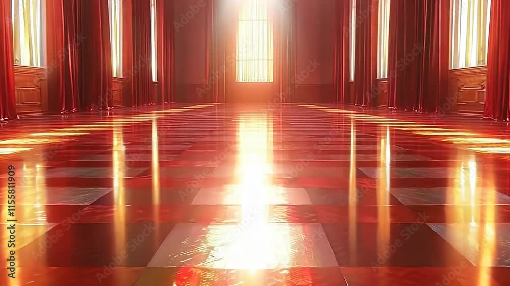Wall mural red room with a window and a checkered floor. the room is empty and the light is shining through the