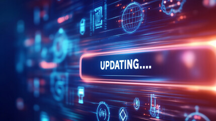 A futuristic image of a progress bar labeled "UPDATING..." with icons for global connectivity, security, and system tools. Perfect for blogs on software updates, digital innovation