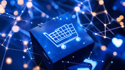 A futuristic representation of interconnected digital tools for marketing, shopping, and customer feedback, showcasing innovation in e-commerce. Ideal for articles on building an o