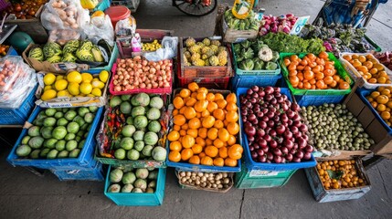 Obraz premium Vibrant Market Stalls with Fresh Produce from Above