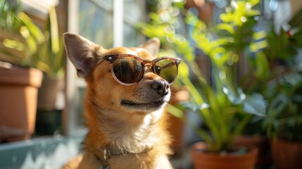 Obraz premium Cool Dog Wearing Sunglasses in a Sunny Garden