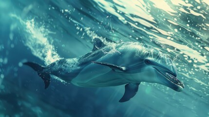 Naklejka premium A beautiful dolphin swims in the depths of the oceans and seas. Marine animals in their natural habitat.