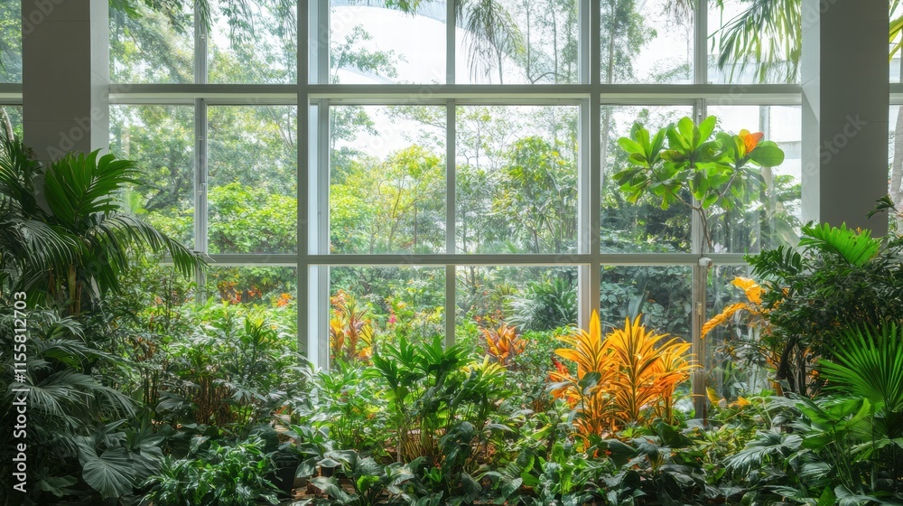 Poster bright garden view from a window showcasing lush greenery and vibrant flowers in daylight. generativ