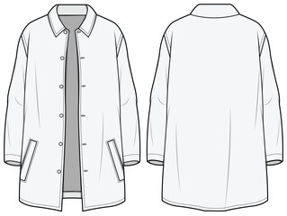 Oversized Loose Fit Shirt Jacket Front and Back View. Fashion Illustration, Vector, CAD, Technical Drawing, Flat Drawing, Template, Mockup.