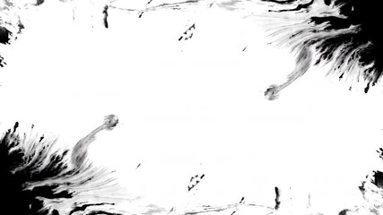 Black ink artistic flow splatter spots spills white paper beautiful reveal dripping streaks spread fluid ink alpha matte isolated watercolor ink drops transition	
