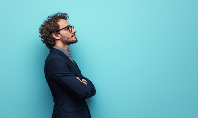 Photo of an attractive young man in profile, with curly hair and glasses wearing a suit, standing on the right side looking over his shoulder, arms crossed on his chest.