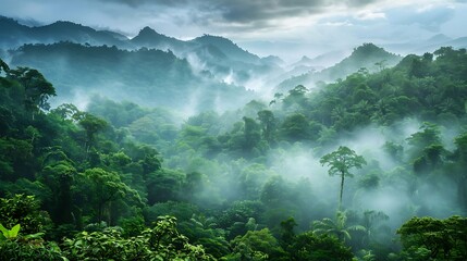 Obraz premium Panoramic view of misty and foggy tropical forest.