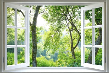 Bright garden view through an open window with lush greenery and soft sunlight illuminating the trees. Generative AI