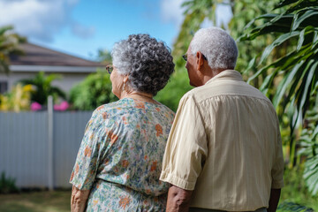 Obraz premium An elderly couple stands side by side in a vibrant garden, looking out towards the greenery. They are enjoying a calm and sunny day, appreciating the serene atmosphere. Generative AI