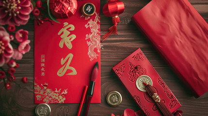Traditional Chinese New Year Decorations with Red Envelopes, Lanterns, and Calligraphy Brushes on Wooden Table
