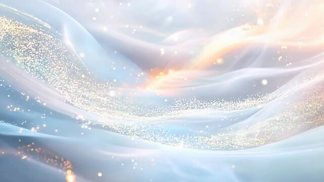 White and gold background with a blue and gold fabric. The fabric is flowing and has a lot of sparkles