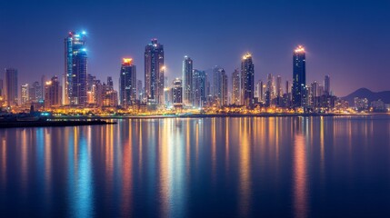 Nighttime city skyline reflecting on water with illuminated buildings.