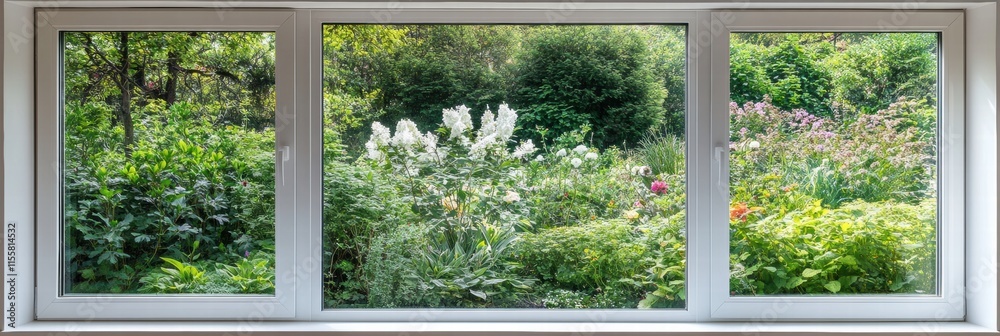 Poster bright garden view through a window showcasing vibrant plants and flowers in full bloom during dayli