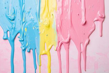 Pastel blue, pink, and yellow paint dripping down on a light background.