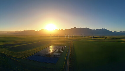 A scenic landscape featuring solar panels and wind turbines at sunrise behind mountains.