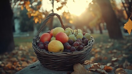 Fresh Fruits in a Basket at Sunset