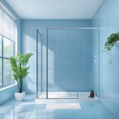 Modern blue bathroom with frameless glass shower enclosure. - obrazy, fototapety, plakaty