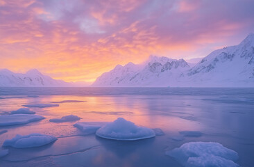 The frozen Lake in Alaska with a beautiful sunset, snow and ice on the lake and mountains in the background, a breathtaking view of the winter landscape. 