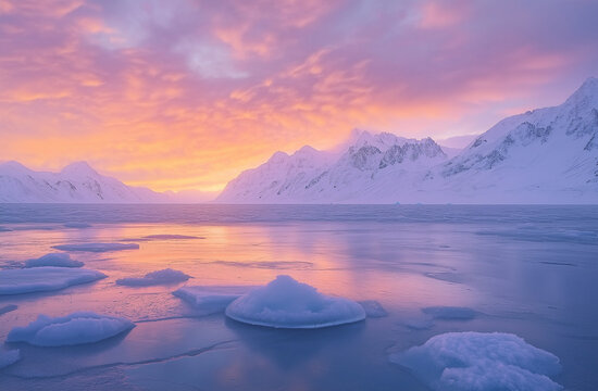 The frozen Lake in Alaska with a beautiful sunset, snow and ice on the lake and mountains in the background, a breathtaking view of the winter landscape. 