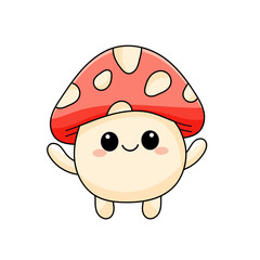 Cute Mushroom Cartoon Kawaii Sticker. Character Vector Illustration