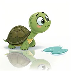 Fototapeta premium A cartoon style turtle with large eyes stands on a reflective surface, curiously observing a nearby puddle. The turtle's reflection is visible.
