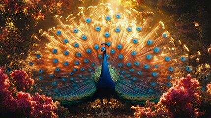 Colorful peacock displaying its feathers among vibrant flowers in a natural setting