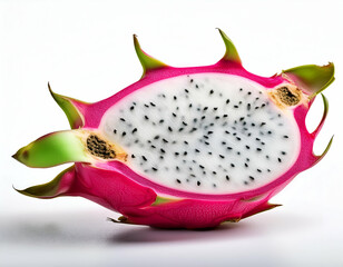 A single vibrant dragon fruit with a bright pink outer skin and green spikes, cut open to reveal white flesh with black seeds, isolated on a clean white background
