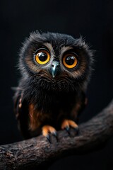 Naklejka premium A baby owl perched on a tree branch, its wide eyes glowing with curiosity