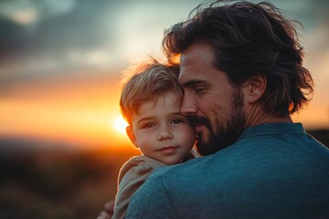 Fototapeta premium A father holds his son close as they enjoy a beautiful sunset together. Generative AI
