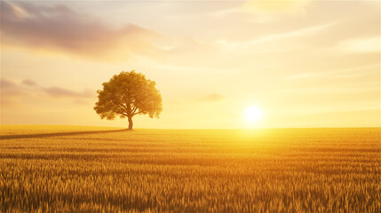 A lone tree in a golden sunset field, representing solitude, tranquility, and the beauty of nature, perfect for eco-themed and contemplative designs.