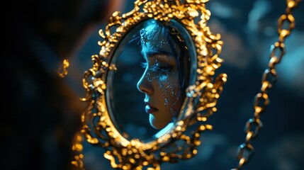 A woman's reflection in a gold frame
