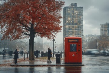 A red telephone box contrasts with rainy autumn weather and vibrant foliage in a busy city street. Generative AI