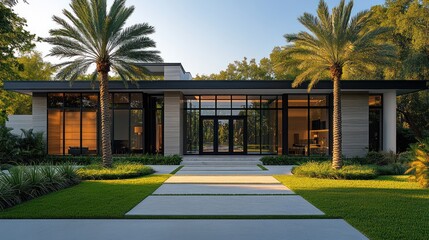 Fototapeta premium Modern house with glass facade, palm trees, and stone pathway.