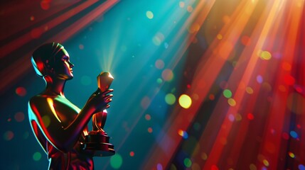 Obraz premium Golden trophy figure celebrating achievement with colorful lights and bokeh