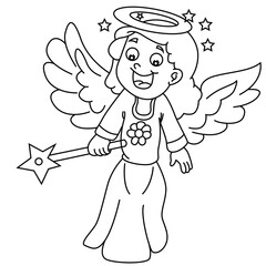 Cute cartoon hand drawn vector An angel with magic stick coloring page.