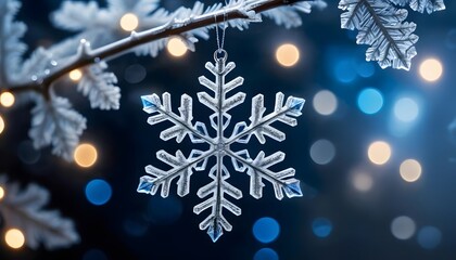 Sparkling Snowflake Ornament on a Frosted Branch in the Winter Night