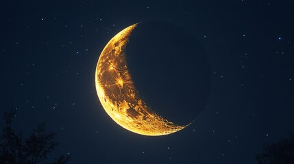 Fototapeta premium Crescent moon illuminated against a starry night sky in a serene landscape