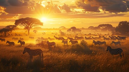 Naklejka premium Group of zebras in the wild at sunset, Kruger Park, South Africa
