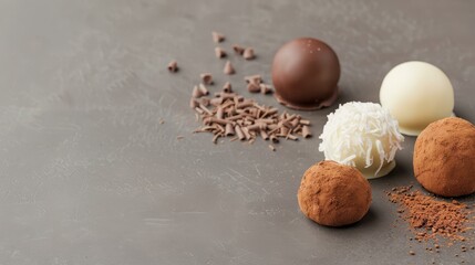 Coconut-filled milk chocolate truffle with shredded coconut garnish, copy space, chocolate photography