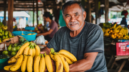 Happy farmer selling his organic bananas at local market
