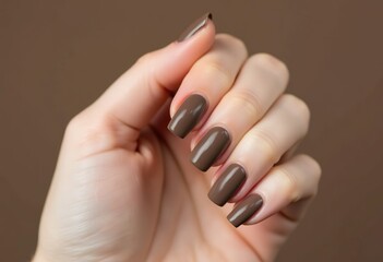 Hand with manicured nails with dark brown nail polish, mocha mousse trend fashion design 2025