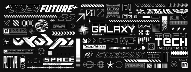 Retro futuristic streetwear element, cyberpunk aesthetic decals. Sci-fi inscriptions or stickers, techwear label template, acid forms and symbols, minimalist high tech graphic design assets vector set © Your Local Llamacorn