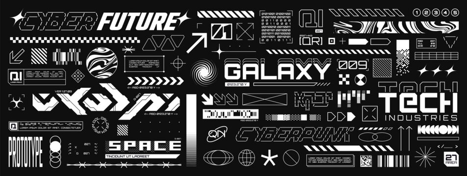 Retro futuristic streetwear element, cyberpunk aesthetic decals. Sci-fi inscriptions or stickers, techwear label template, acid forms and symbols, minimalist high tech graphic design assets vector set