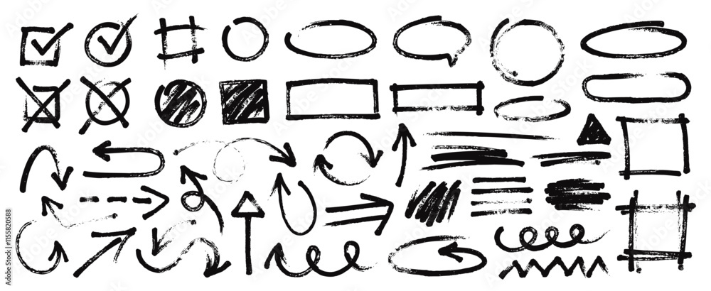 Poster hand drawn black marker lines, frames, arrows, rough sketch shapes and circles. grunge ink brush und