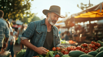Senior farmer choosing tomatoes and cucumbers at sunset in a farmers market