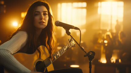 Young female musician singing and playing acoustic guitar on stage during live performance