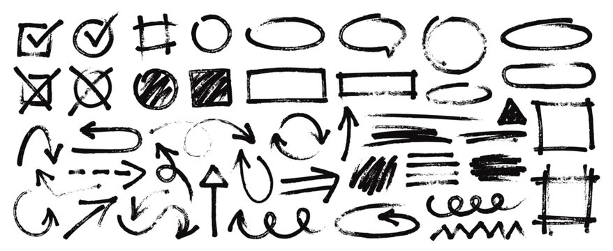 Hand drawn black marker lines, frames, arrows, rough sketch shapes and circles. Grunge ink brush underline strokes, bold scribbles, check marks, dry permanent markers doodle elements vector set