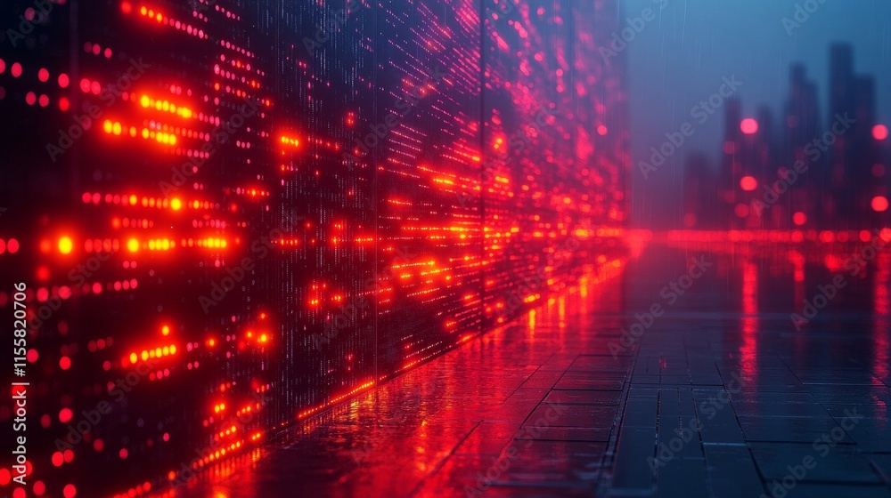 Aufkleber a futuristic cityscape bathed in an eerie red glow, with towering digital displays illuminating the 