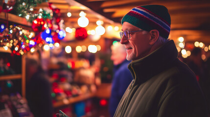 Obraz premium Elderly man enjoying Christmas shopping at the local market